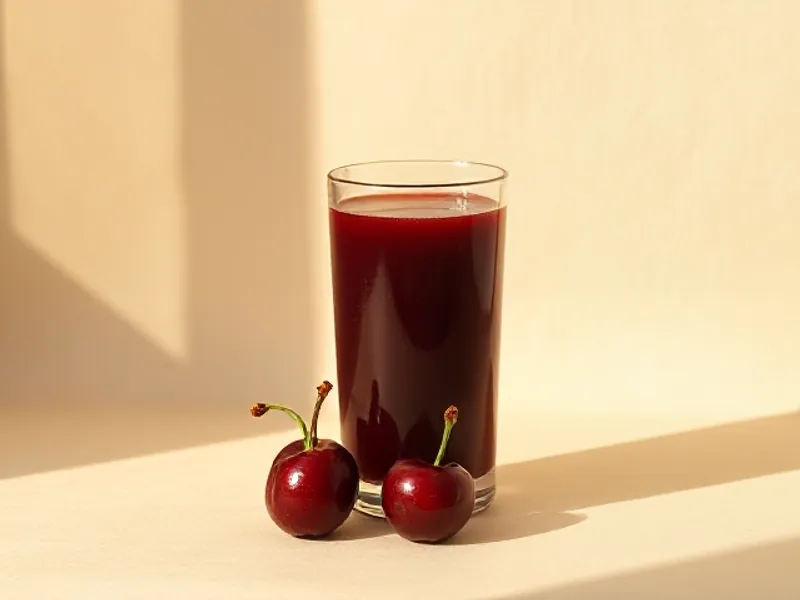 Glass of dark cherry juice with cherries