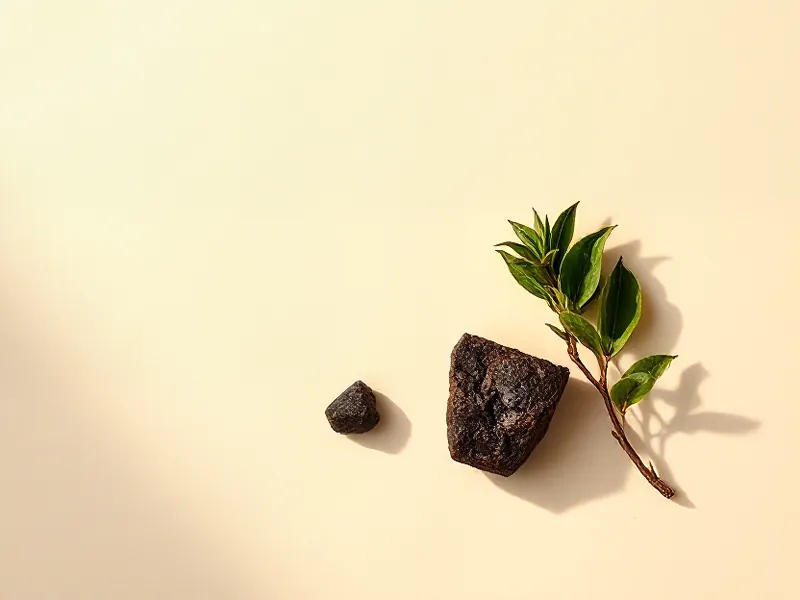 Small piece of dark labdanum resin beside a sprig of rockrose