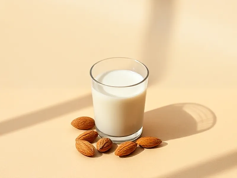 Glass of milk with whole almonds