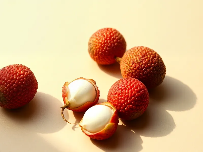 Lychees with rough skin, one peeled showing white flesh