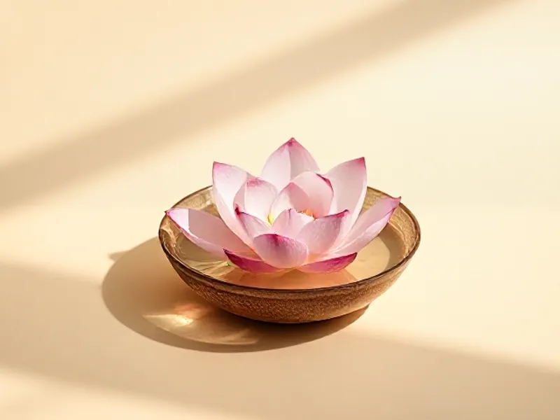 Pale pink lotus flower floating in a dish of water