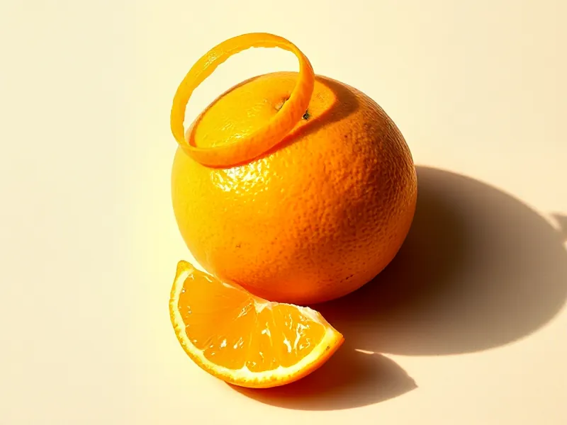 Whole mandarin and its spiralled peel, a segment beside it