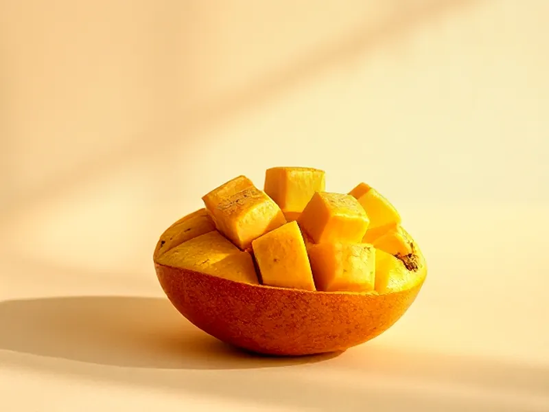 Mango scored into cubes in its own skin