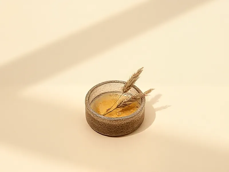 Dish of golden resin beside blades of dry grass