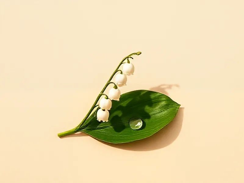 Sprig of lily of the valley on a leaf with a dewdrop