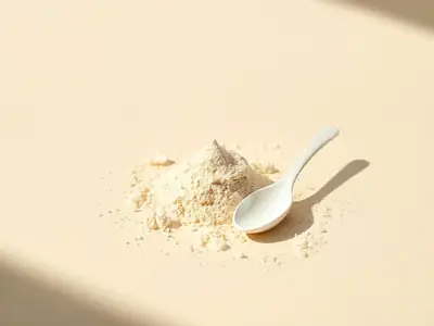 Small mound of pearly white powder and a matte porcelain spoon