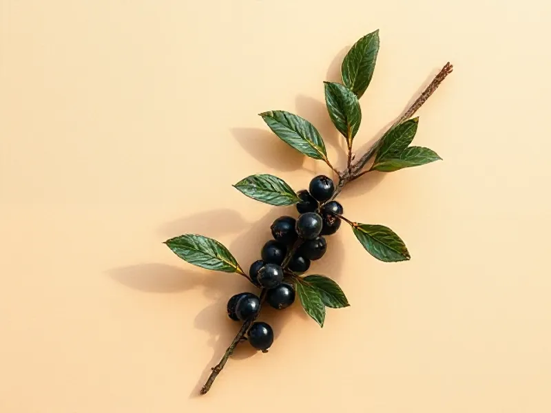 Myrtle sprig with dark berries and glossy leaves