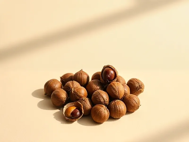 Heap of hazelnuts, one shelled