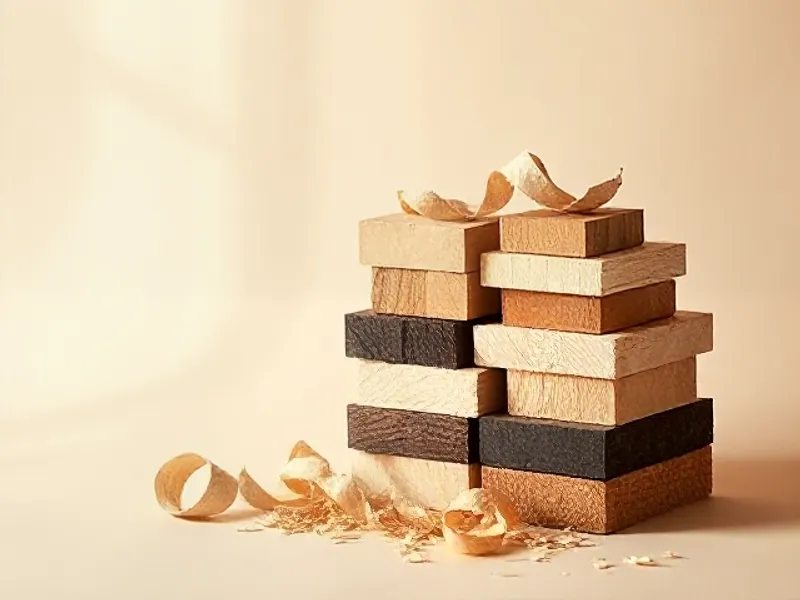 Stacked blocks of light and dark wood, curled shavings