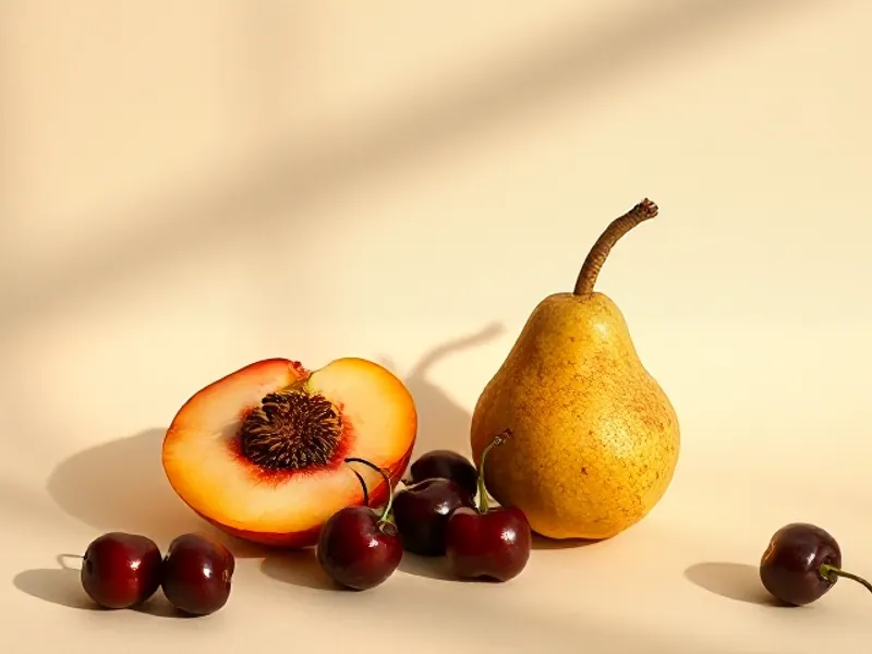 Assortment of fleshy fruit: peach, pear and cherries