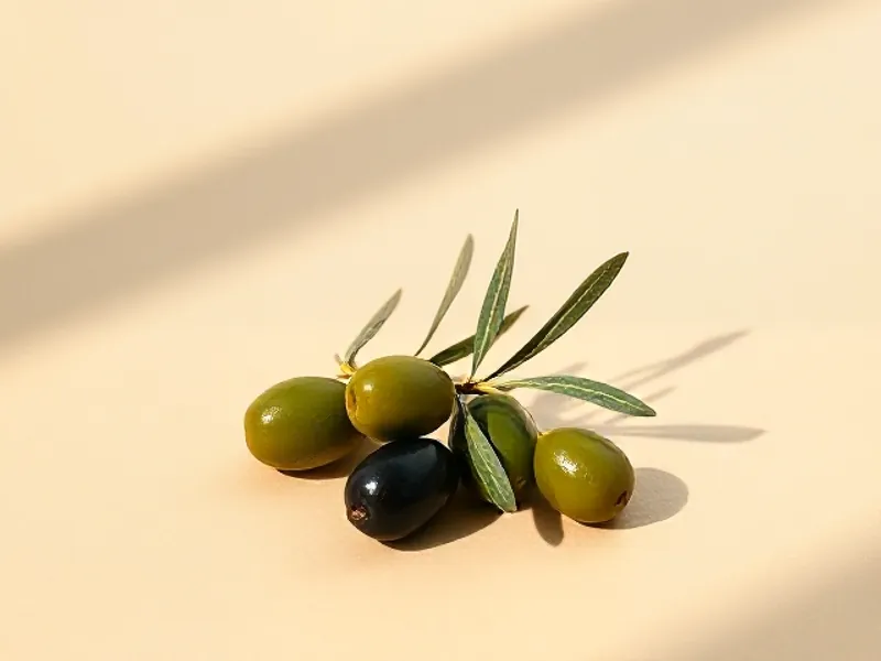 Green and black olives on a branch