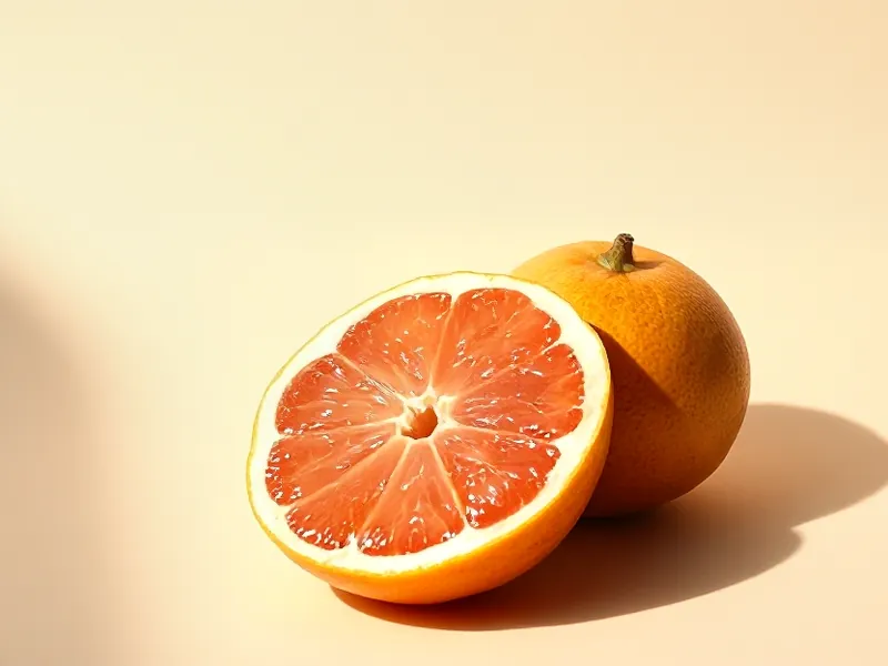 Pink grapefruit cut in half in front of a whole grapefruit