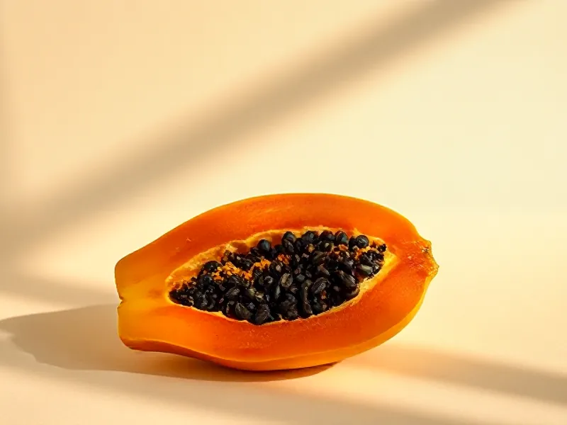 Papaya cut open showing orange flesh and seeds