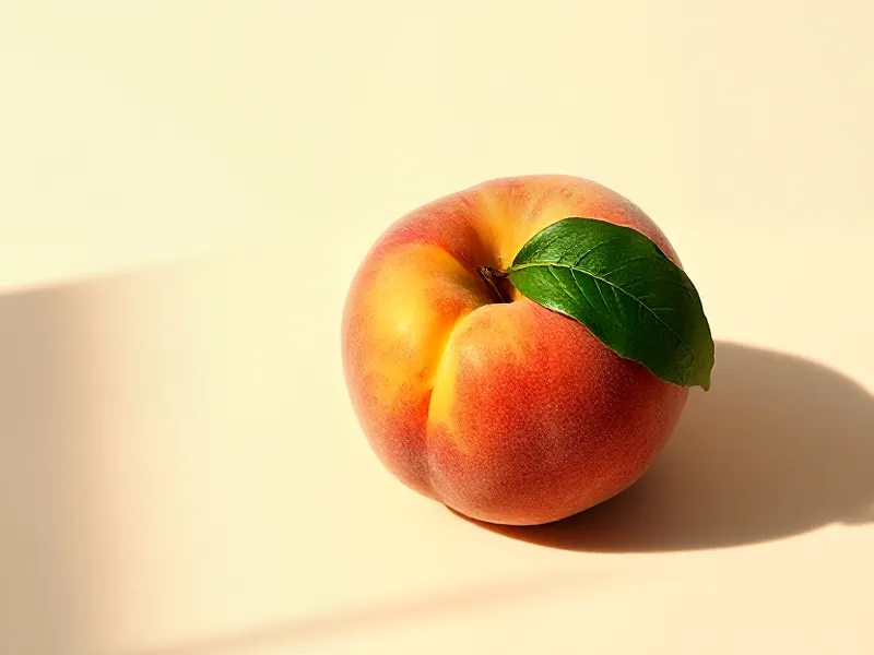 Ripe, velvety peach with a green leaf