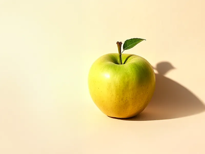 Crisp green apple, short stalk and a leaf