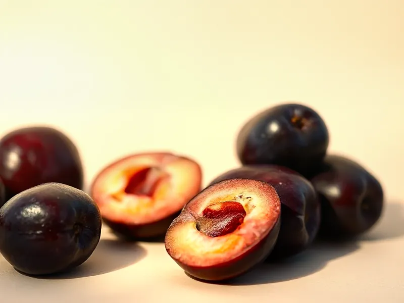 Dark plums, one cut in half showing its stone