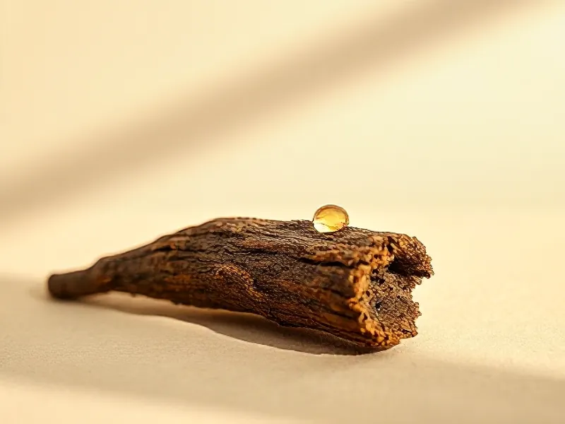 Golden resin drop on a piece of bark