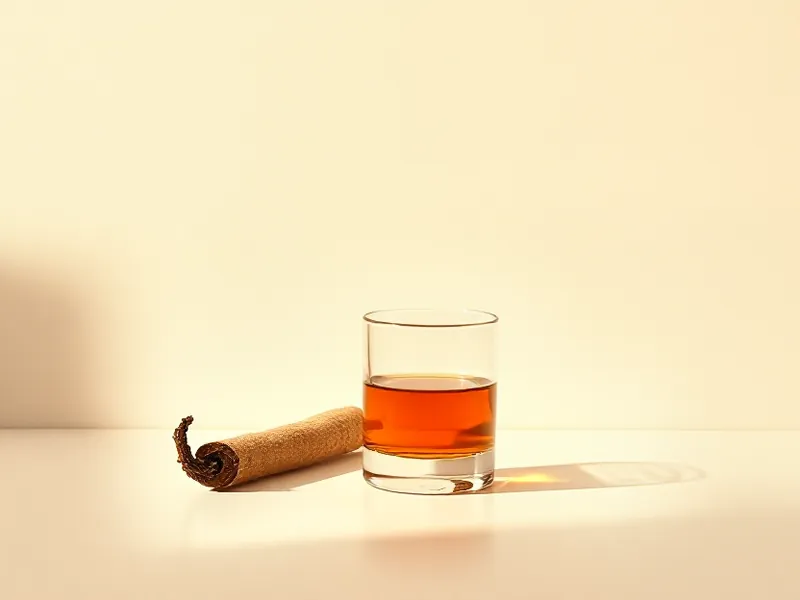 Glass of amber rum with a cinnamon stick beside it