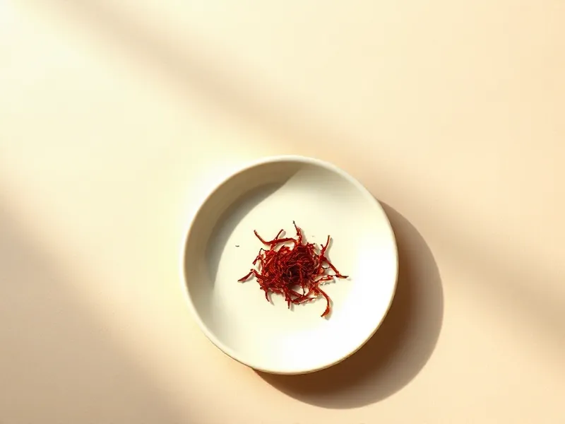 Red saffron threads in a white dish