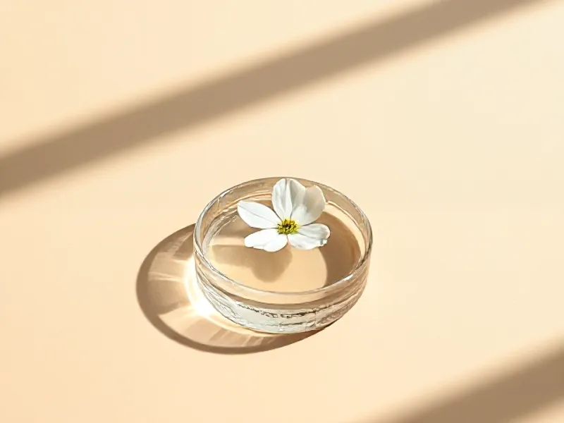 White flower floating in a dish of clear liquid
