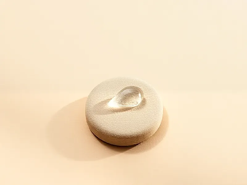 Pale sandalwood disc beside a glass droplet
