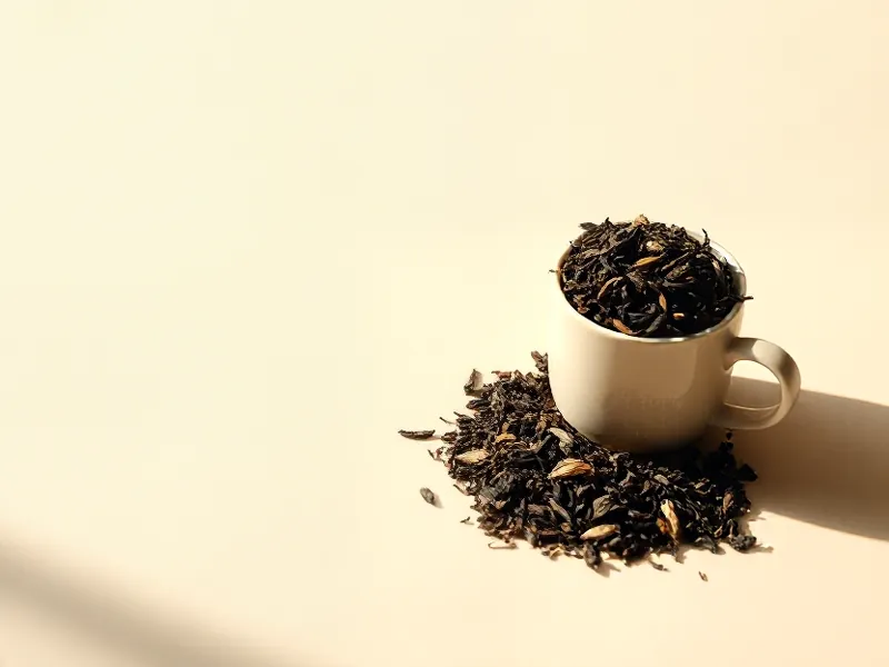 Heap of dried black tea leaves in front of a white cup