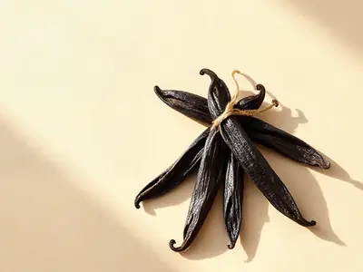 Dark vanilla pods tied together