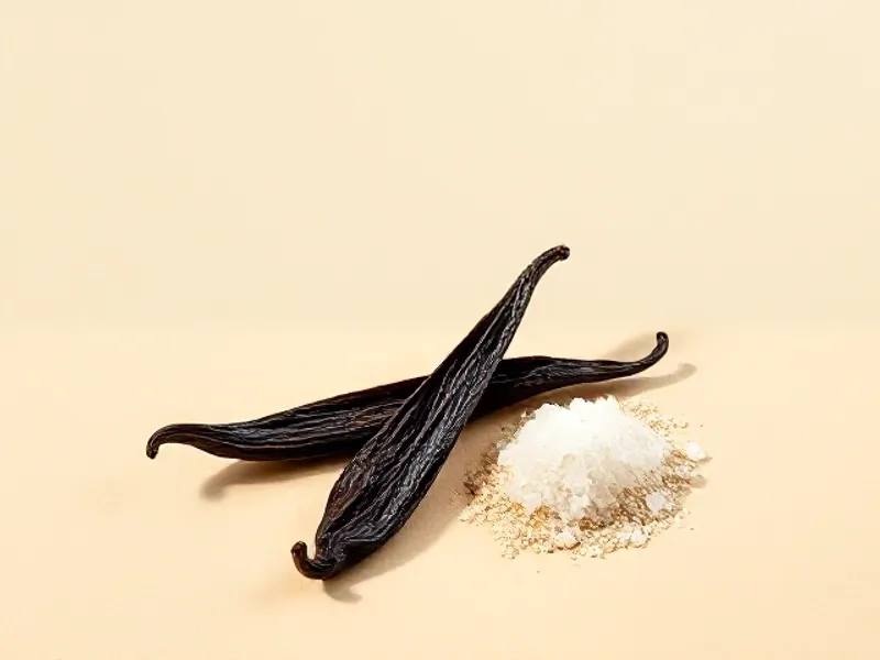 Split vanilla pod beside coarse salt