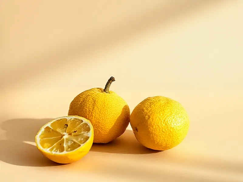 Whole yuzu and one cut in half in front