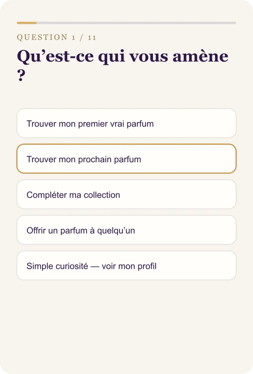 Première question du diagnostic : « Qu’est-ce qui vous amène ? », avec cinq réponses possibles.