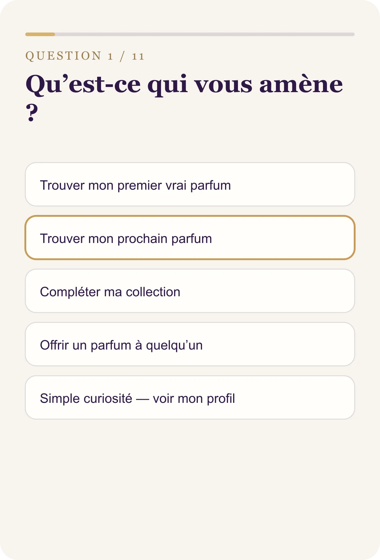 Première question du diagnostic : « Qu’est-ce qui vous amène ? », avec cinq réponses possibles.