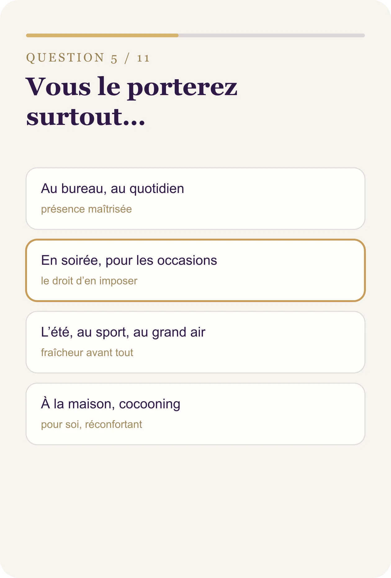 Question sur l’usage prévu : bureau, soirée, plein air ou cocooning.