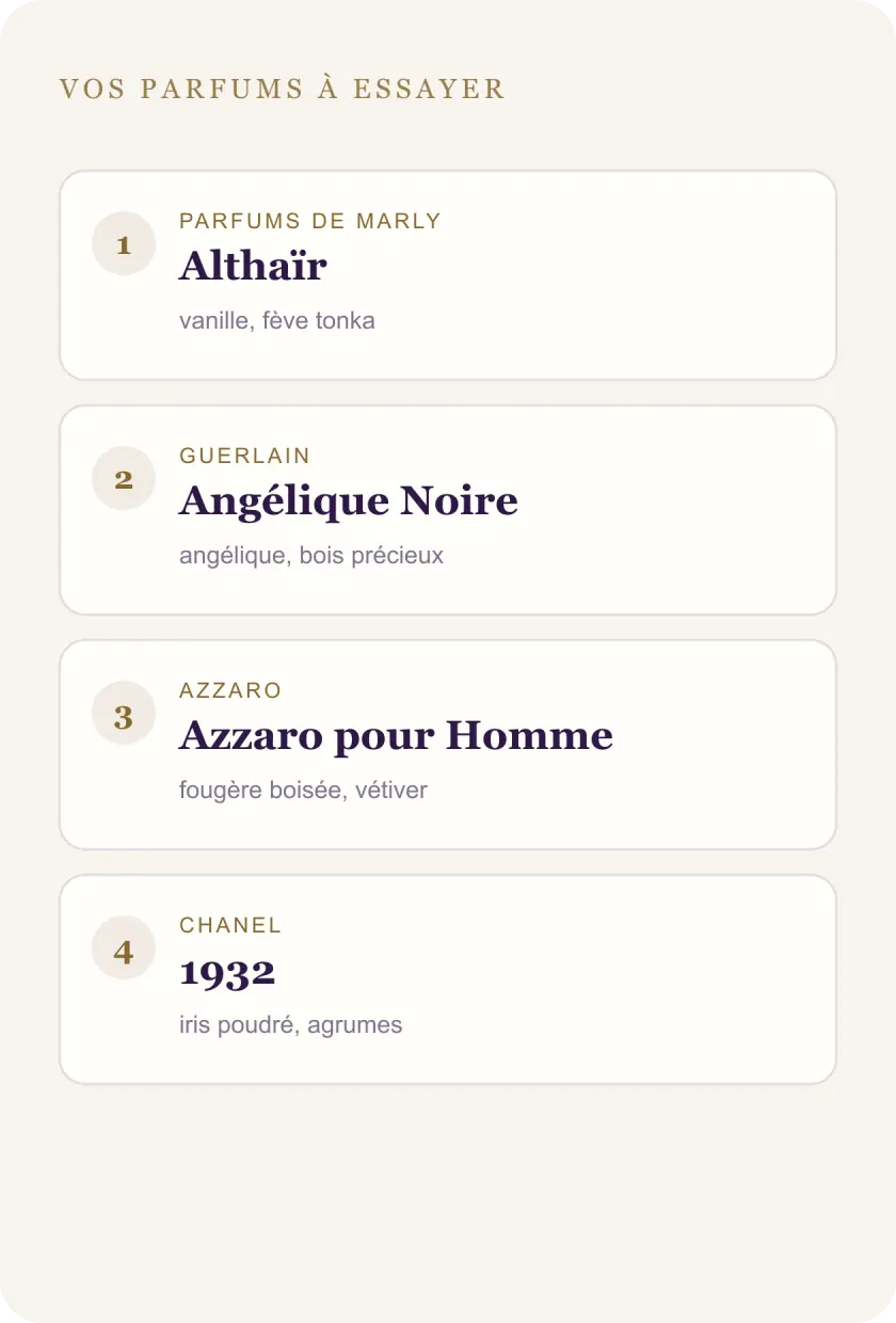 Les parfums recommandés du catalogue, avec leurs notes principales.